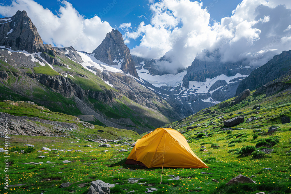Tourist tent camping in mountains against backdrop of beautiful nature Tourist tent camping in mountains against backdrop of beautiful nature