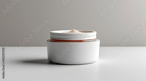 25. A minimalist image with a white background featuring a single jar of hair conditioner mask in the center