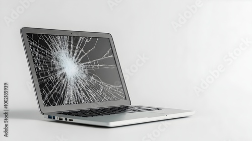 Closeup of a dented and cracked metal laptop with non functioning keys isolated on a plain white background  This damaged electronic device showcases the concept of technology failure and malfunction photo