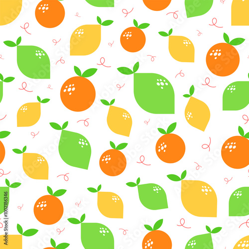 Vector seamless pattern with yellow lemon, green lime and orange