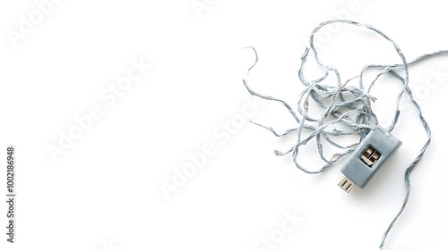 Closeup of a Tangled and Frayed Charging Cable No Longer Usable Isolated on a Plain White Background photo