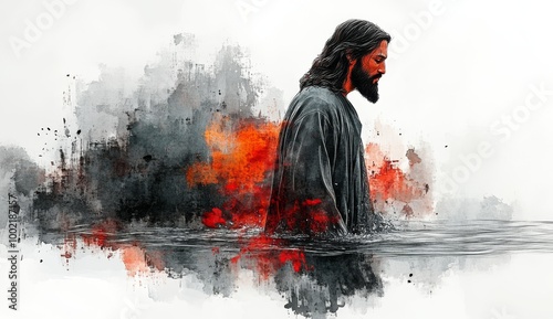 Jesus standing in water with a fiery background symbolizing his sacrifice and the power of his love.