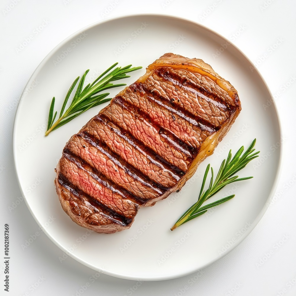 Striploin steak on a plate, isolated on a white background, beautifully presented and mouth-watering. Striploin steak on a plate, isolated on a white background, beautifully presented and mouth-watering.