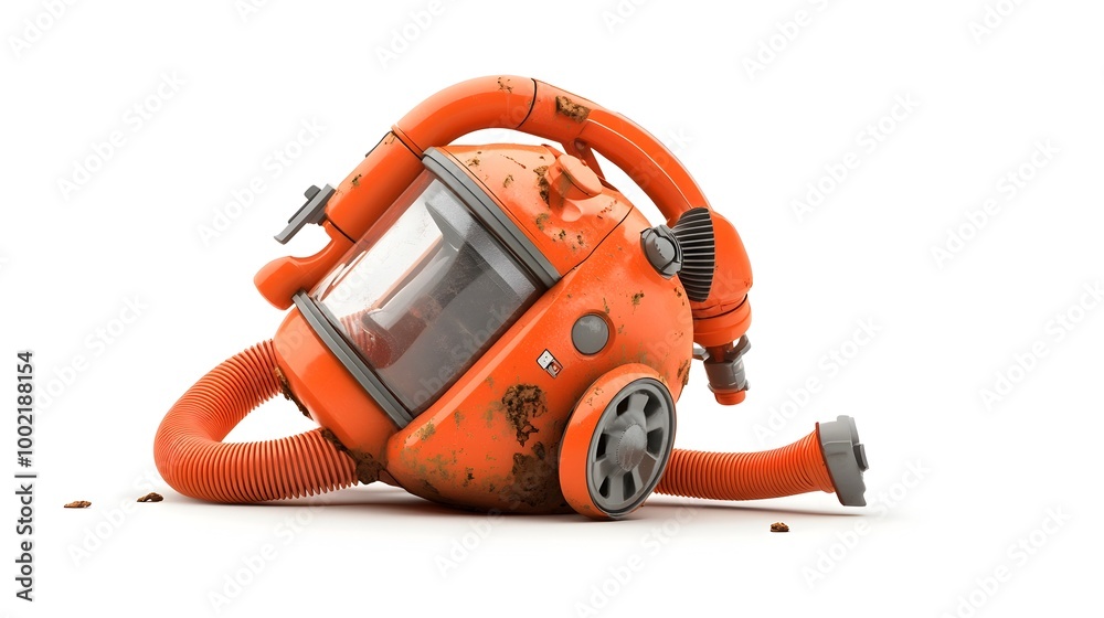 Closeup view of a malfunctioning vacuum cleaner with a cracked and damaged hose and missing wheels isolated on a plain white background Closeup view of a malfunctioning vacuum cleaner with a cracked and damaged hose and missing wheels isolated on a plain white background