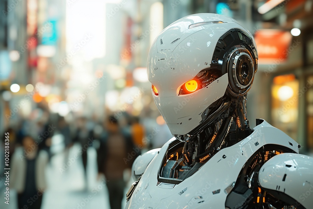 Close-up of a futuristic robot with glowing orange eyes standing in a busy city street. Close-up of a futuristic robot with glowing orange eyes standing in a busy city street.