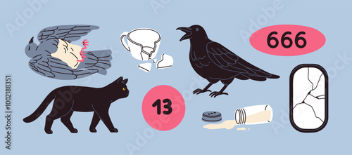 Superstition symbols, bad luck bringers set. Unlucky signs, black cat, crow, raven, numbers 13 and 666, broken mirror and cup, spilled salt, dead bird. Misfortune warnings. Flat vector illustrations