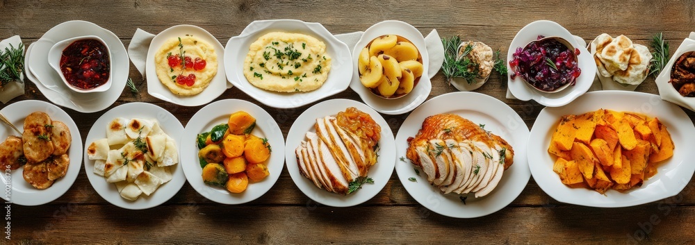 Panoramic view of a traditional Thanksgiving dinner with side dishes on a white wooden table. pierogies, sauerkraut, colored jelly pickles, vegetables, and potato puree served on white plates Panoramic view of a traditional Thanksgiving dinner with side dishes on a white wooden table. pierogies, sauerkraut, colored jelly pickles, vegetables, and potato puree served on white plates