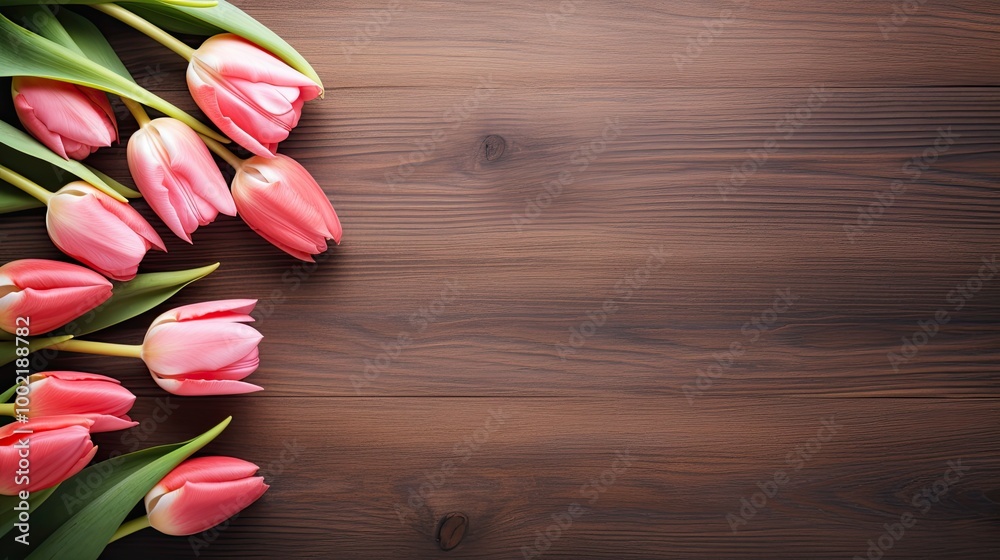 Tulips frame flat lay on wooden table with copy space Tulips frame flat lay on wooden table with copy space
