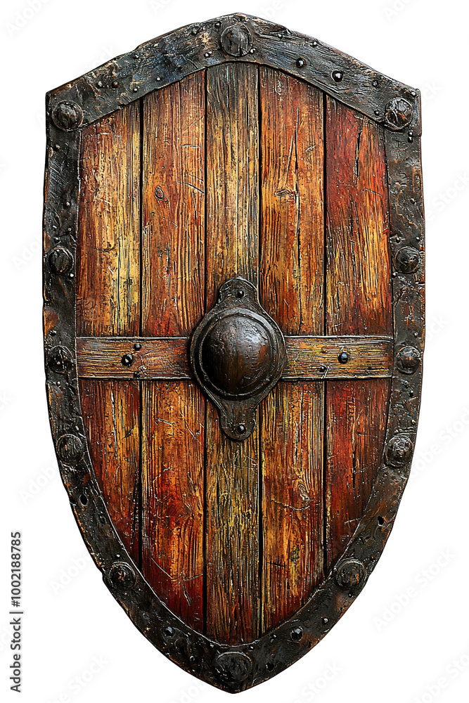 Fototapeta premium medieval wooden shield side view, on isolated transparent background 