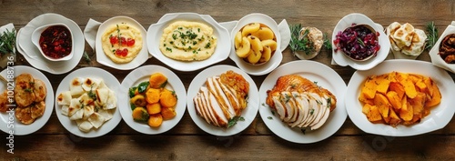 Wallpaper Mural Panoramic view of a traditional Thanksgiving dinner with side dishes on a white wooden table. pierogies, sauerkraut, colored jelly pickles, vegetables, and potato puree served on white plates Torontodigital.ca