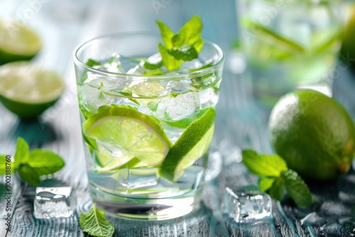 A glass of refreshing mojito with mint leaves and lime slices 