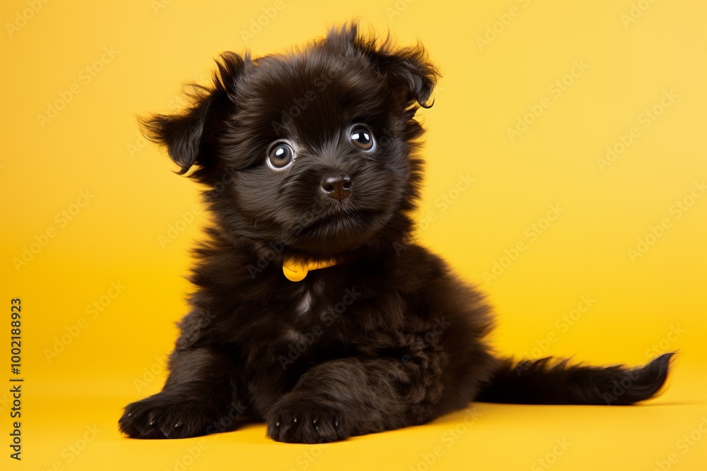 Adorable black puppy with fluffy fur resting against a bright yellow background Adorable black puppy with fluffy fur resting against a bright yellow background