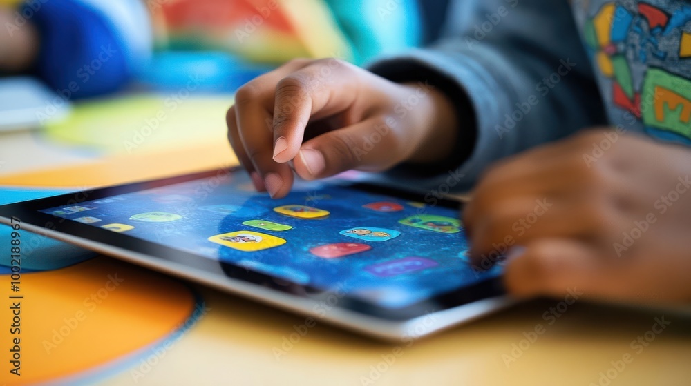 A child's hand uses their finger to select an app on a tablet. A child's hand uses their finger to select an app on a tablet.
