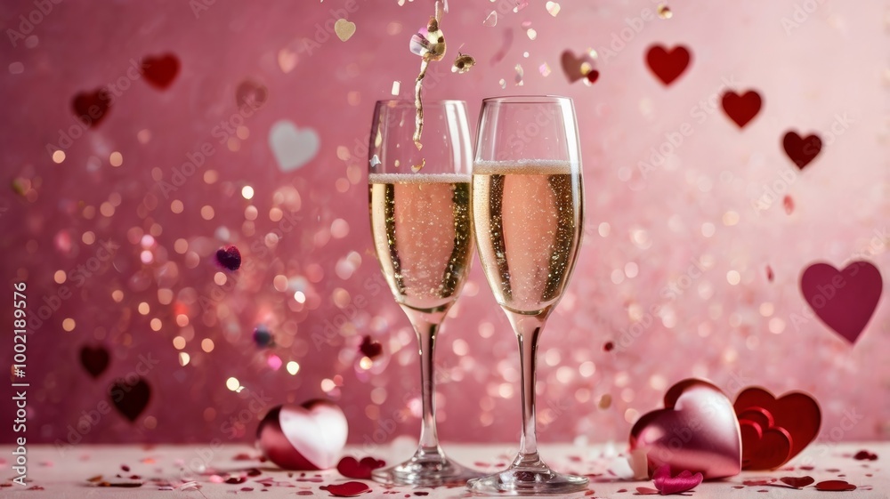 Two champagne glasses pouring sparkling wine celebrating valentine's day on pink background with confetti hearts Two champagne glasses pouring sparkling wine celebrating valentine's day on pink background with confetti hearts