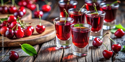 Rich cherry liqueur shots are beautifully arranged with fresh berries, creating an enticing closeup on a rustic wooden