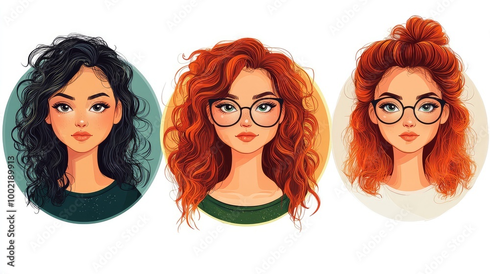 Modern Illustrations of Females with Fashionable Curly, Wavy, and Frizzy Hairstyles in Circular Frames Modern Illustrations of Females with Fashionable Curly, Wavy, and Frizzy Hairstyles in Circular Frames