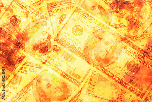 Burning money. Economic and financial crash crisis concept