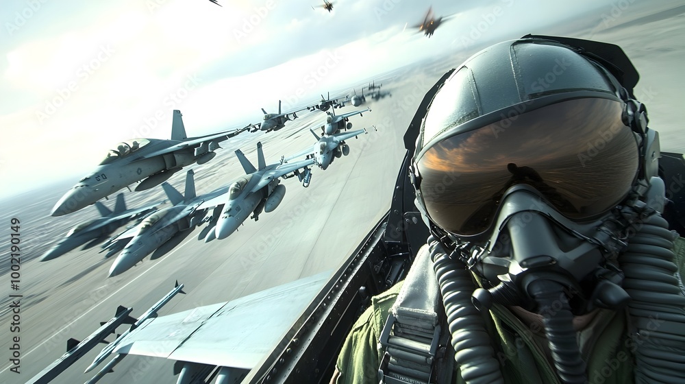 Fototapeta premium Cutting edge fighter jets from a squadron soar in a tightly coordinated formation