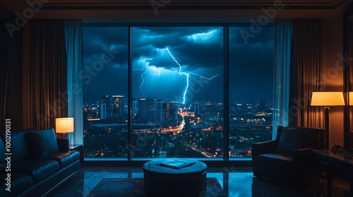 luxury interior of hotel room see storm outside coming