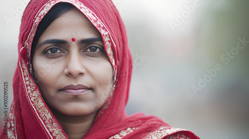 Woman wearing a red scarf and a nose ring