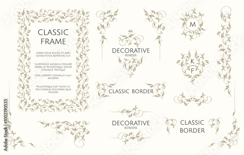 Classic elegant decor.  Set of frames, monograms and borders. Graphic design pages. photo