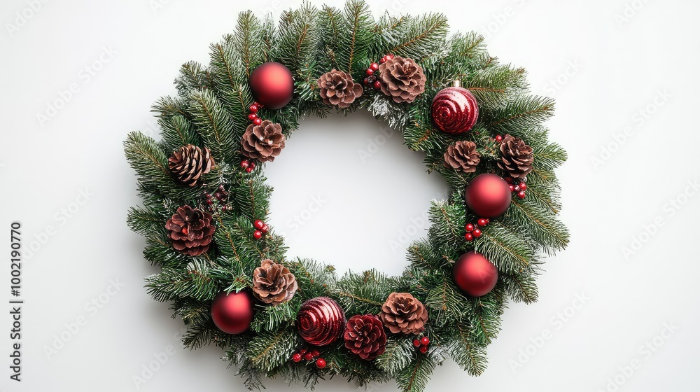 Top View of Pine Tree Wreath with Christmas Decorations and Blank Space in Center Top View of Pine Tree Wreath with Christmas Decorations and Blank Space in Center