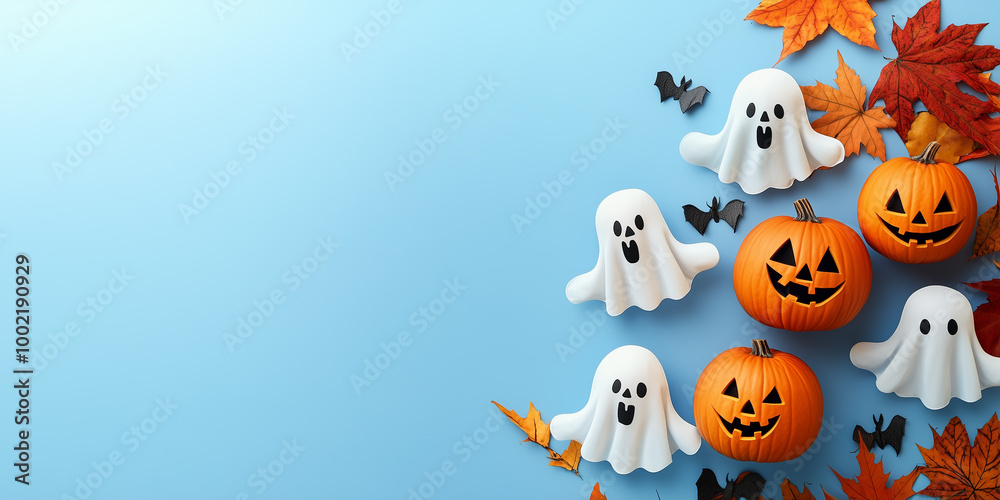 Obraz premium Halloween pumpkins and ghost decorations on blue backdrop
