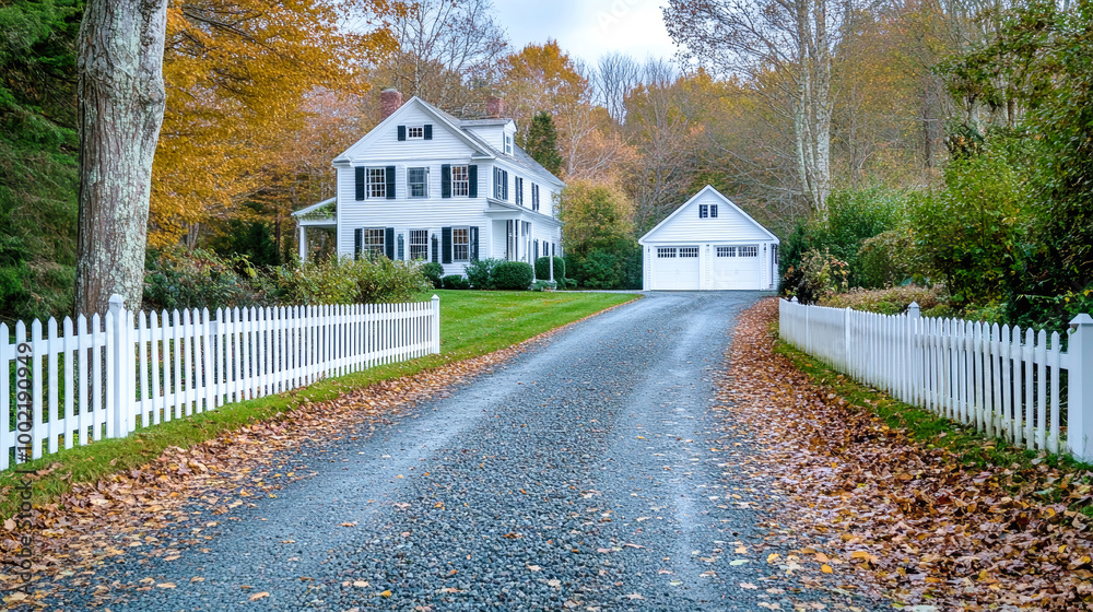 Scenic autumn driveway leading to a charming New England home with a white picket fence and garage amidst vibrant fall foliage Scenic autumn driveway leading to a charming New England home with a white picket fence and garage amidst vibrant fall foliage