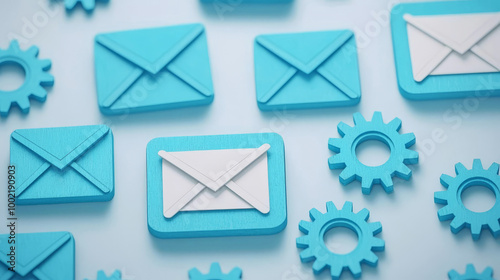 Marketing email flow, strategic plan, automation gears, 3D illustration