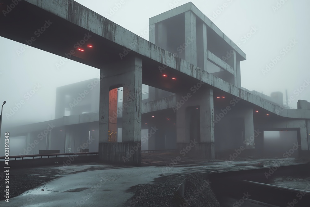 Dystopian urban exploration scene, front-facing perspective, sleek minimalist structures, foggy ambiance, abandoned streets Dystopian urban exploration scene, front-facing perspective, sleek minimalist structures, foggy ambiance, abandoned streets