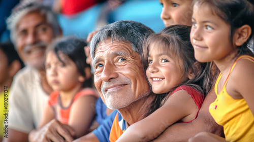 Gathered at a thrilling soccer match, a South American family, spanning generations, joyfully cheers as their beloved team plays, radiating happiness and excitement