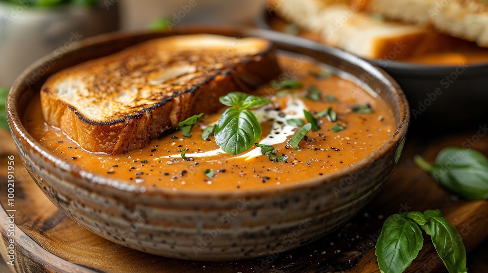 Cozy dinner scene with a bowl of creamy tomato soup recipe garnished with a swirl of cream and fresh basil leaves served with a side of grilled cheese sandwich slices
