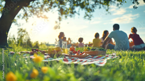Fototapeta Naklejka Na Ścianę i Meble -  Family picnic in the park enjoying delicious food and quality time together surrounded by nature during a sunny afternoon