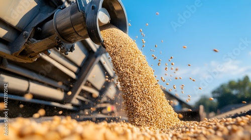 Detailed close up view of the auger mechanism on a grain cart unloading a steady stream of harvested grain