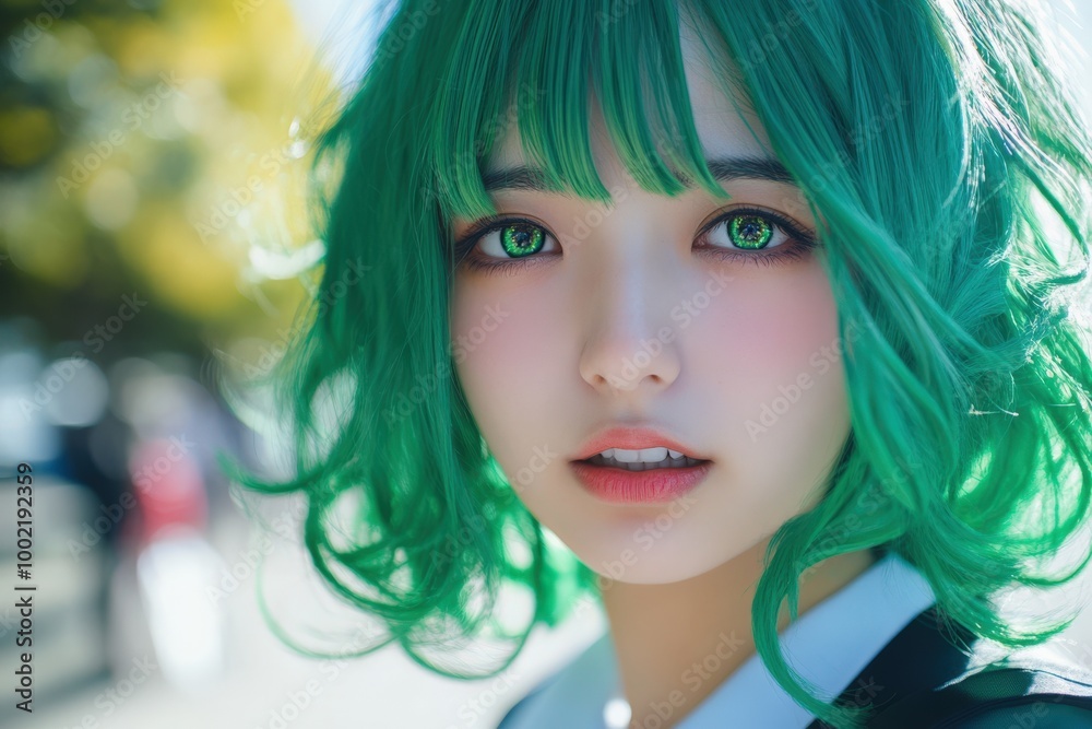 Cosplay: Japan Anime and Manga Women in Green Outfit with Attractive Smile Cosplay: Japan Anime and Manga Women in Green Outfit with Attractive Smile