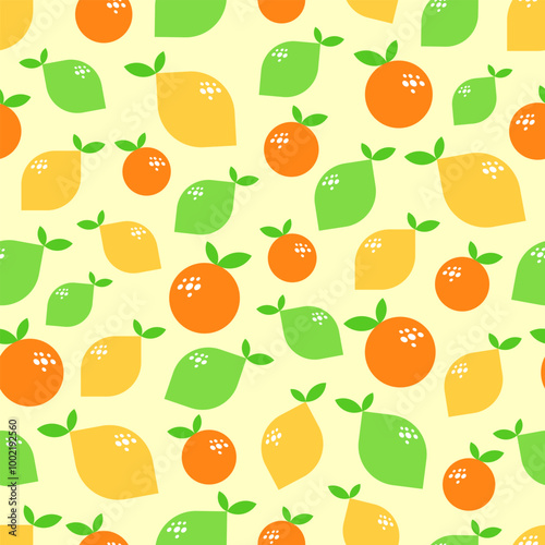 Vector seamless pattern with yellow lemon, green lime and orange on yellow background