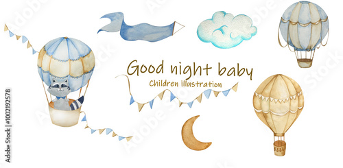 Watercolor Set of Hot Air Balloon with Cute Raccoon, Garlands, Flags, Stars, Clouds, Moon. Children's Illustration. For Children's Room, Frame, Posters, Websites, Cards