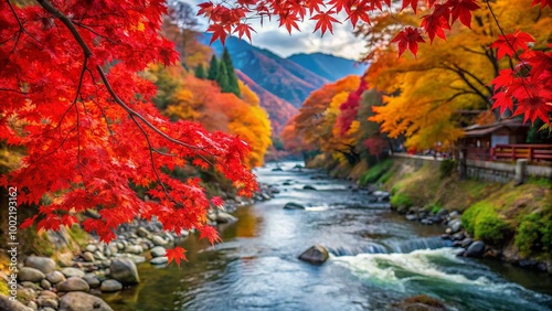 The stunning red maple leaves by Katsuragawa River in Kyoto celebrate autumn's arrival, showcasing nature's vibrant