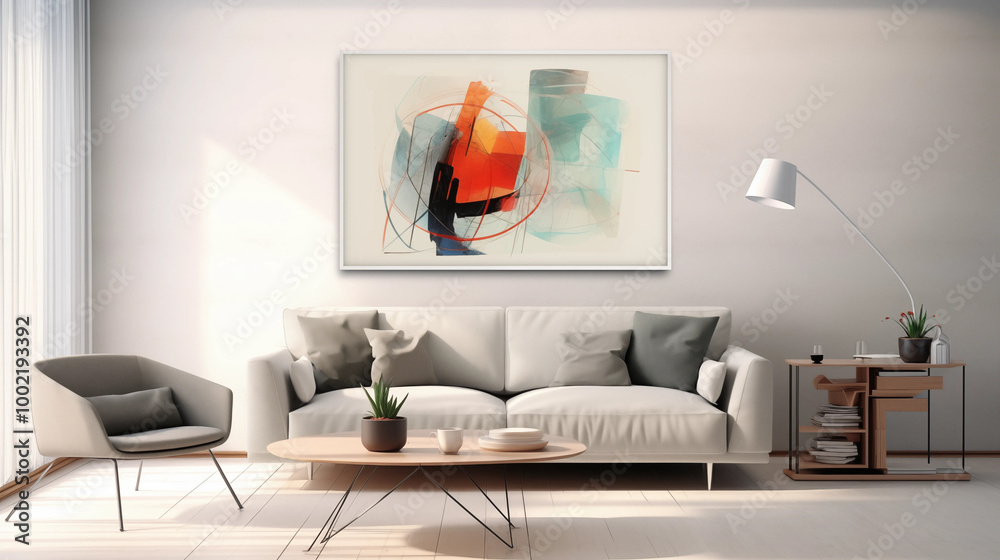 Fototapeta premium Abstract Painting in White Frame Above White Sofa in Modern Living Room