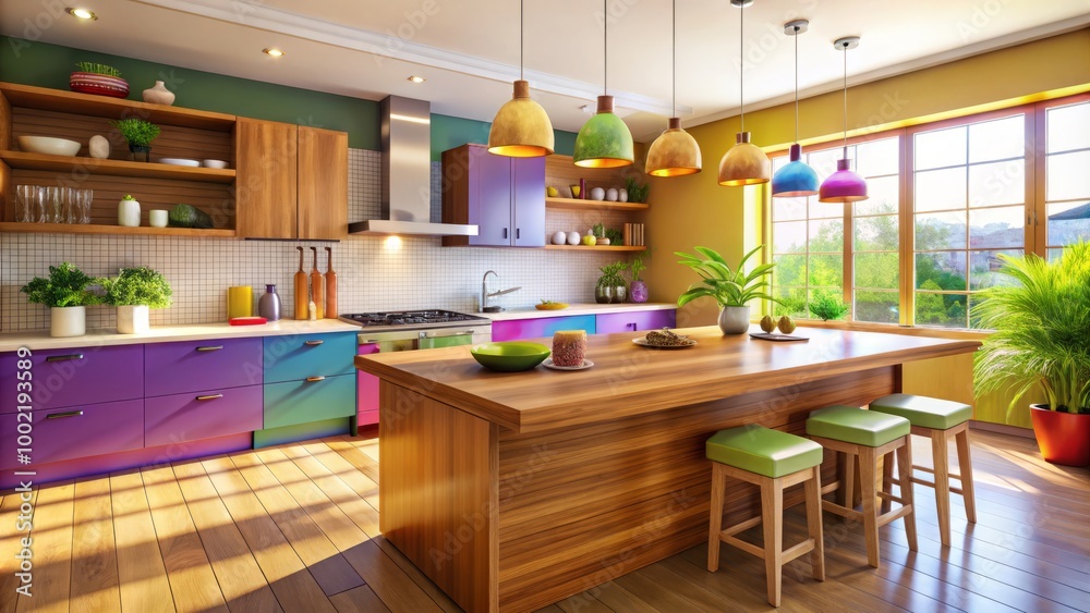 The wooden counter island stands out in sharp focus against a softly blurred kitchen interior, emphasizing modern The wooden counter island stands out in sharp focus against a softly blurred kitchen interior, emphasizing modern