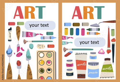 Promo poster designs for painting school. Advertisement banner templates for creative art event with painters supplies on background. Ad flyer for art class, workshop. Flat vector illustration