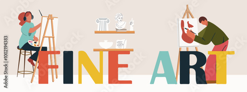 Fine Art text. Color lettering with people painting on canvases, drawing school, art workshop, creativity, leisure, hobby. Flyer, invitation, sticker, banner.
