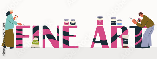 Fine Art text. Color lettering with people painting with brushes, tubes, cans of paint, interior painting, designer, professional, artist, art workshop, creativity, leisure, hobby. Flyer, banner.