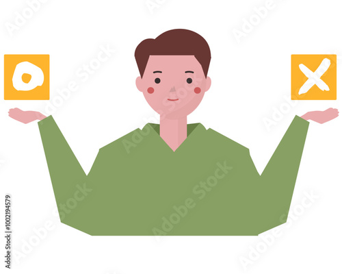丸と罰の選択肢をチョイスする男性。ベクターイラスト