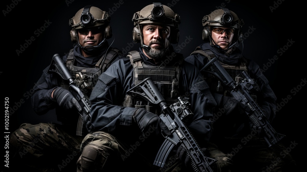 A trio of tactical operators stands together, equipped with rifles and wearing helmets A trio of tactical operators stands together, equipped with rifles and wearing helmets