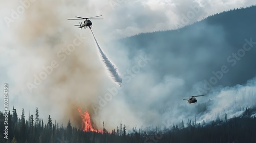 Dramatic aerial shot captures helicopters dropping water to combat a raging wildfire in a remote mountainous forest area