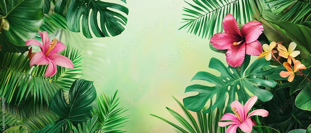 Vibrant tropical leaves and flowers create a lush and inviting background. Vibrant tropical leaves and flowers create a lush and inviting background.