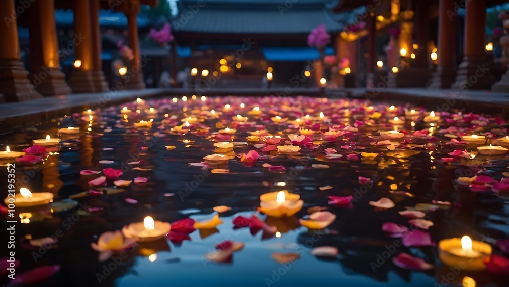 Tranquil Evening by the Pond With Floating Candles and Petals in a Serene Garden Setting Tranquil Evening by the Pond With Floating Candles and Petals in a Serene Garden Setting