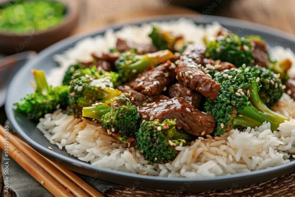 A hearty plate of beef and broccoli stir-fry with steamed rice, garnished with sesame seeds. Copy space A hearty plate of beef and broccoli stir-fry with steamed rice, garnished with sesame seeds. Copy space
