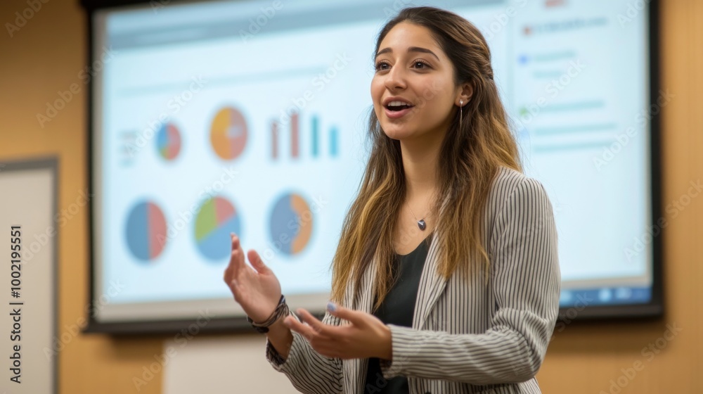 Young Woman Giving Presentation with Charts Displayed on Screen Young Woman Giving Presentation with Charts Displayed on Screen